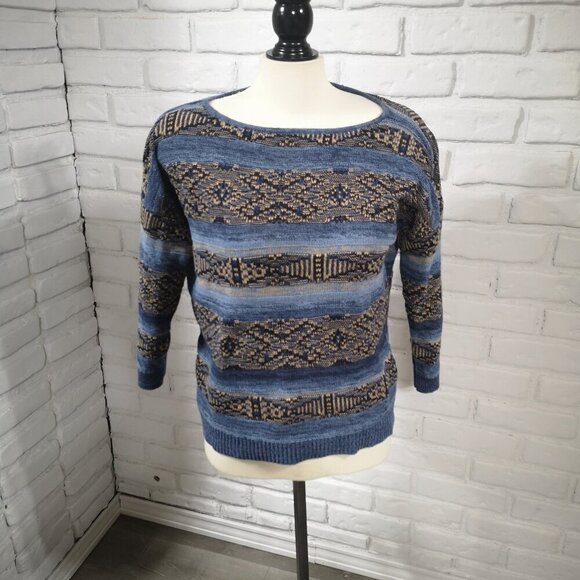 Chaps Denim Ladies Size Large Blue & Tan Linen Blend 3/4 Sleeves Sweater - Picture 1 of 9
